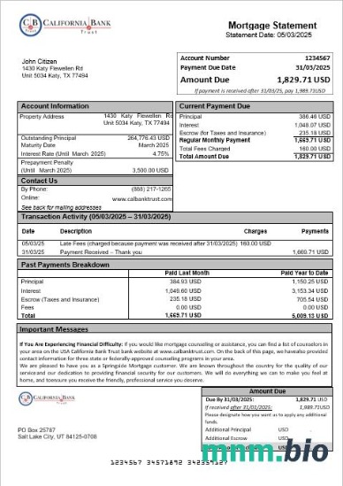 USA California Bank Trust wyciąg z kredytu hipotecznego w formatach Word i PDF